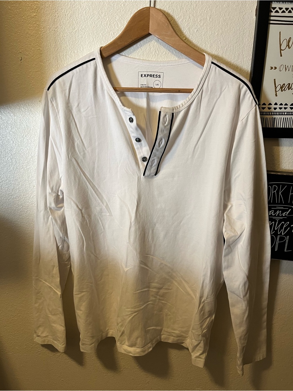 Express White Long-Sleeve Henley with Black Contrast Trim